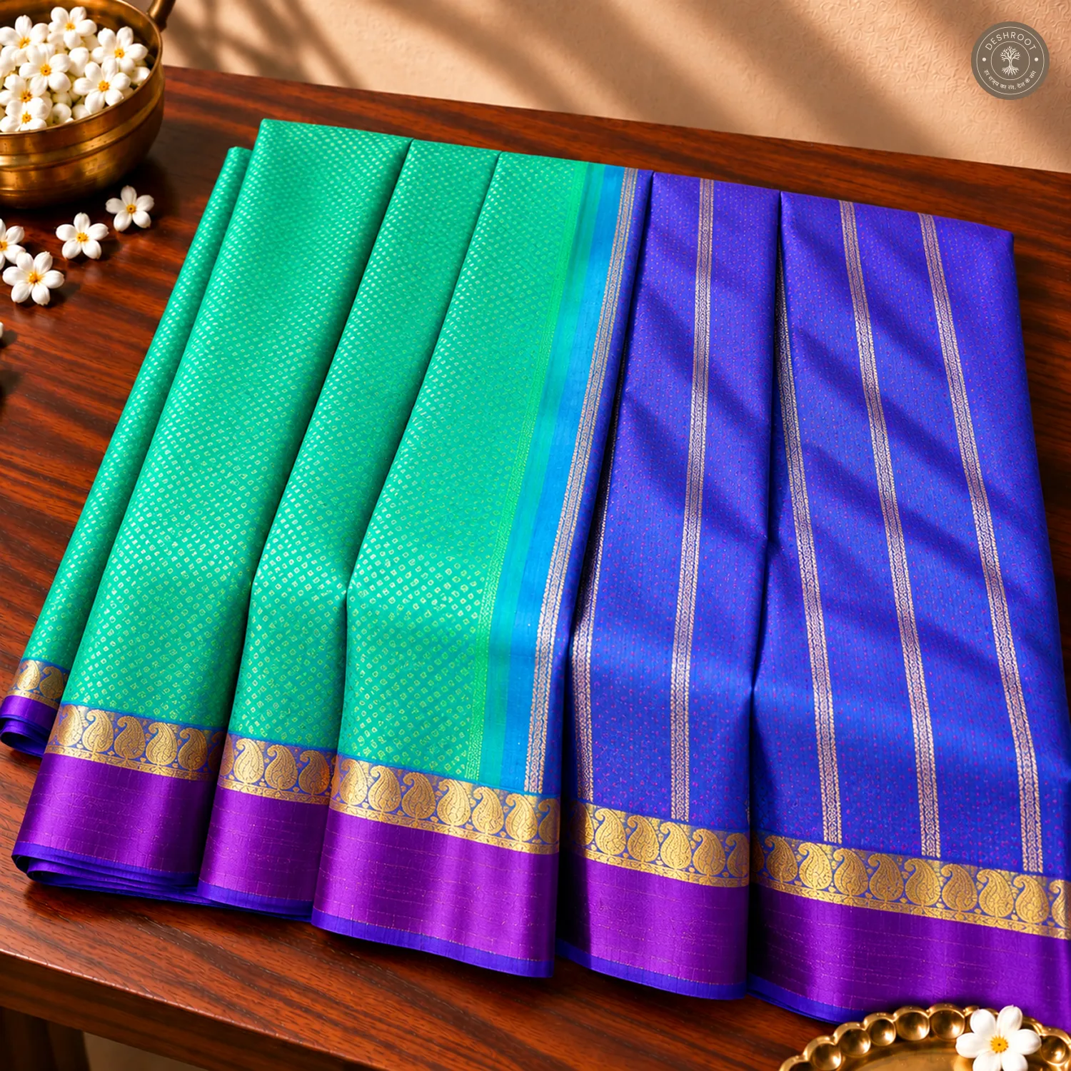 Sea Green Pure Kanchipuram Silk Saree with Royal Blue Zari Pallu