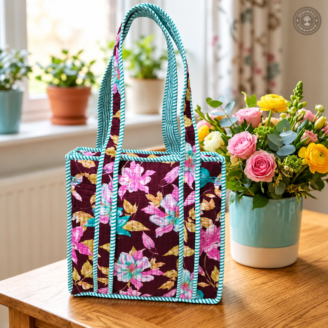 Burgundy Floral Quilted Lunch Box Hand Bag
