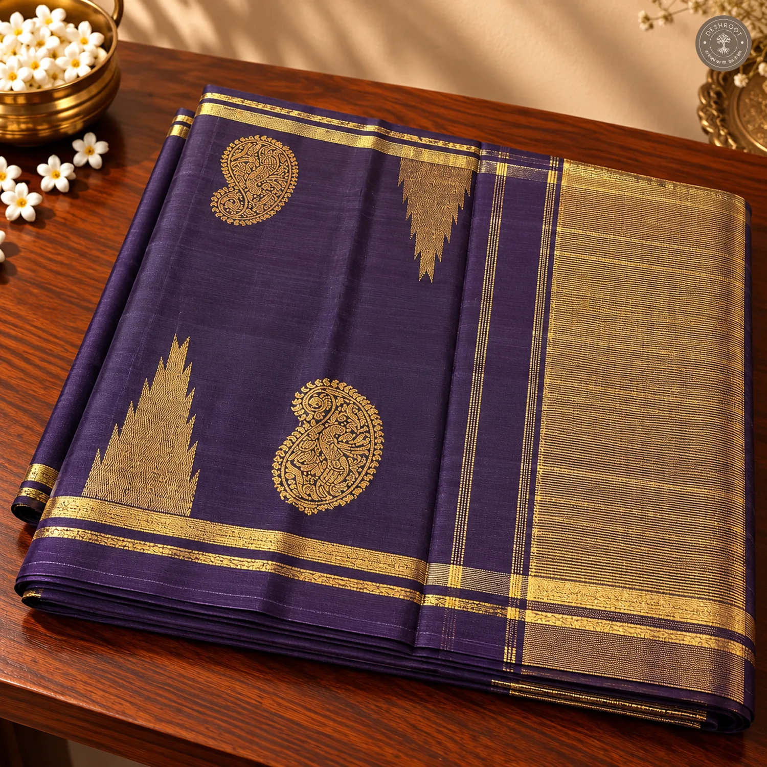 Deep Purple Pure Kanchipuram Silk Saree with Gold Zari Paisley Motifs