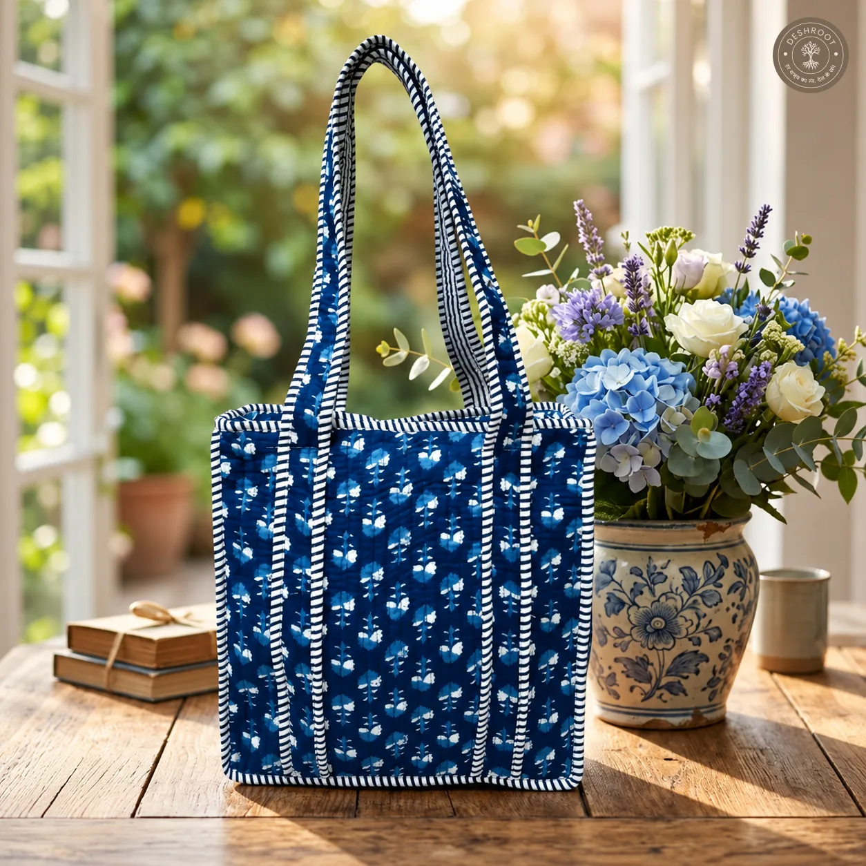 Handcrafted Blue Quilted Cotton Lunch Bag