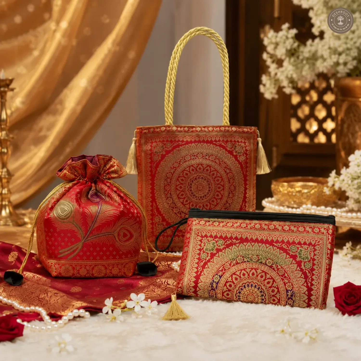 Red Handcrafted Banarasi Trio Set