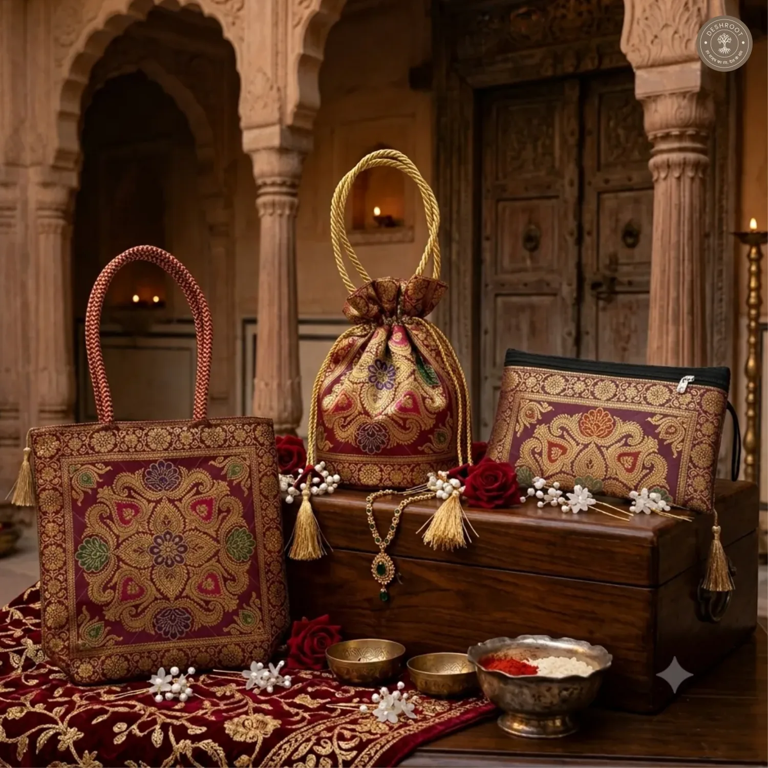 Maroon Potli Bag Set- Potli, Wallet and Handbag