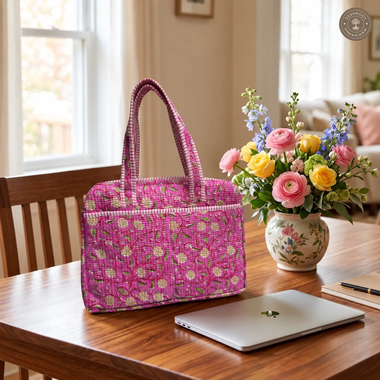 Royal Pink Floral Quilted Laptop Bag – Handcrafted Cotton Laptop Bag