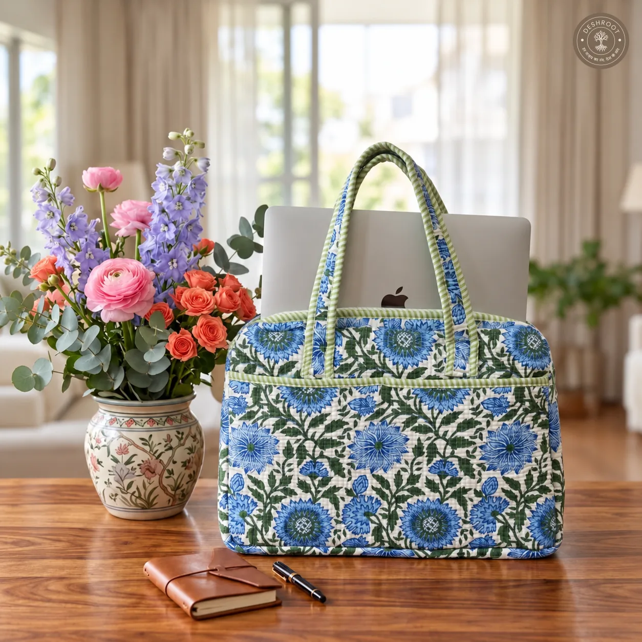 Blue Garden Quilted Laptop Bag – Handcrafted Floral Cotton Laptop Bag