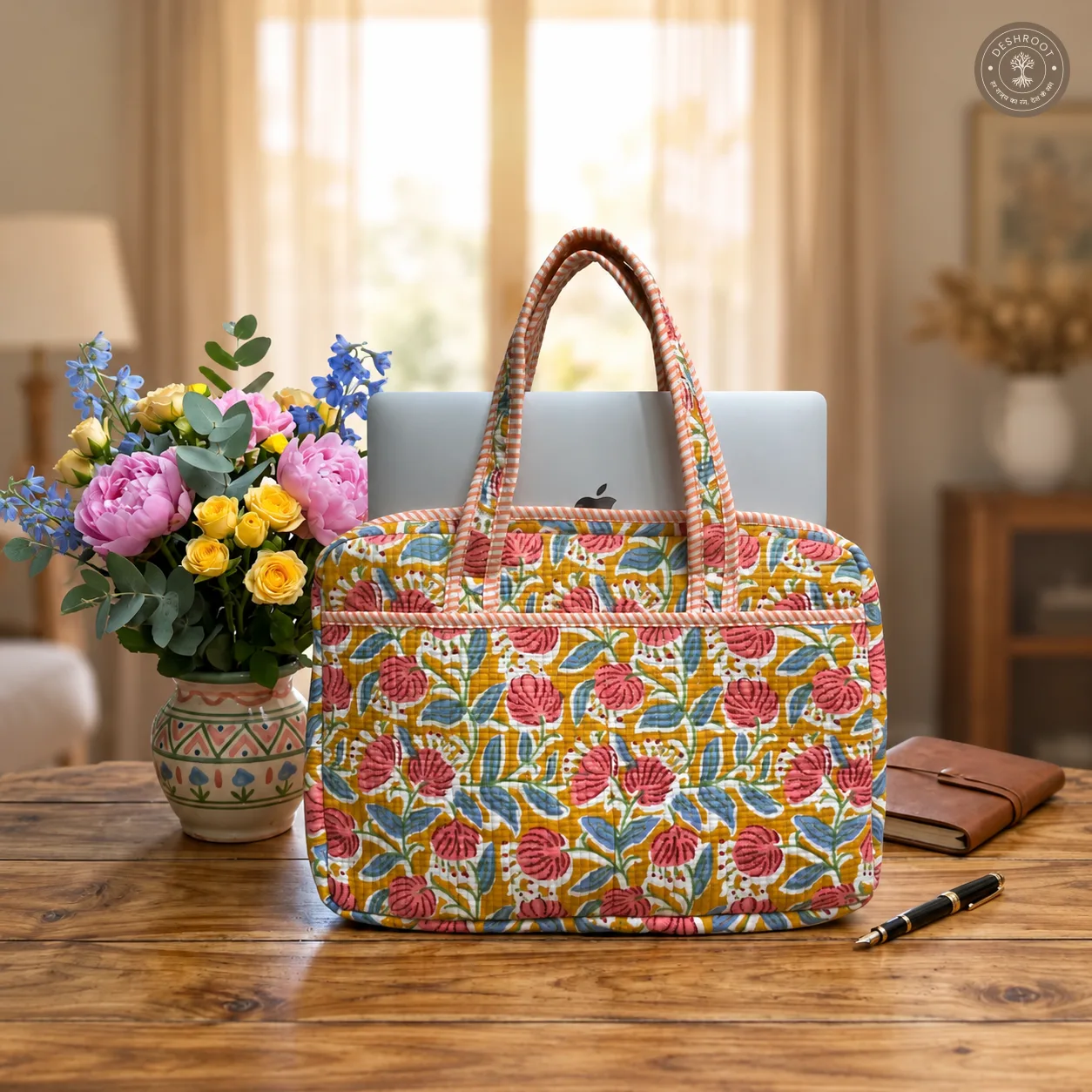 Mustard Floral Quilted Laptop Bag – Handcrafted Cotton Laptop Bag