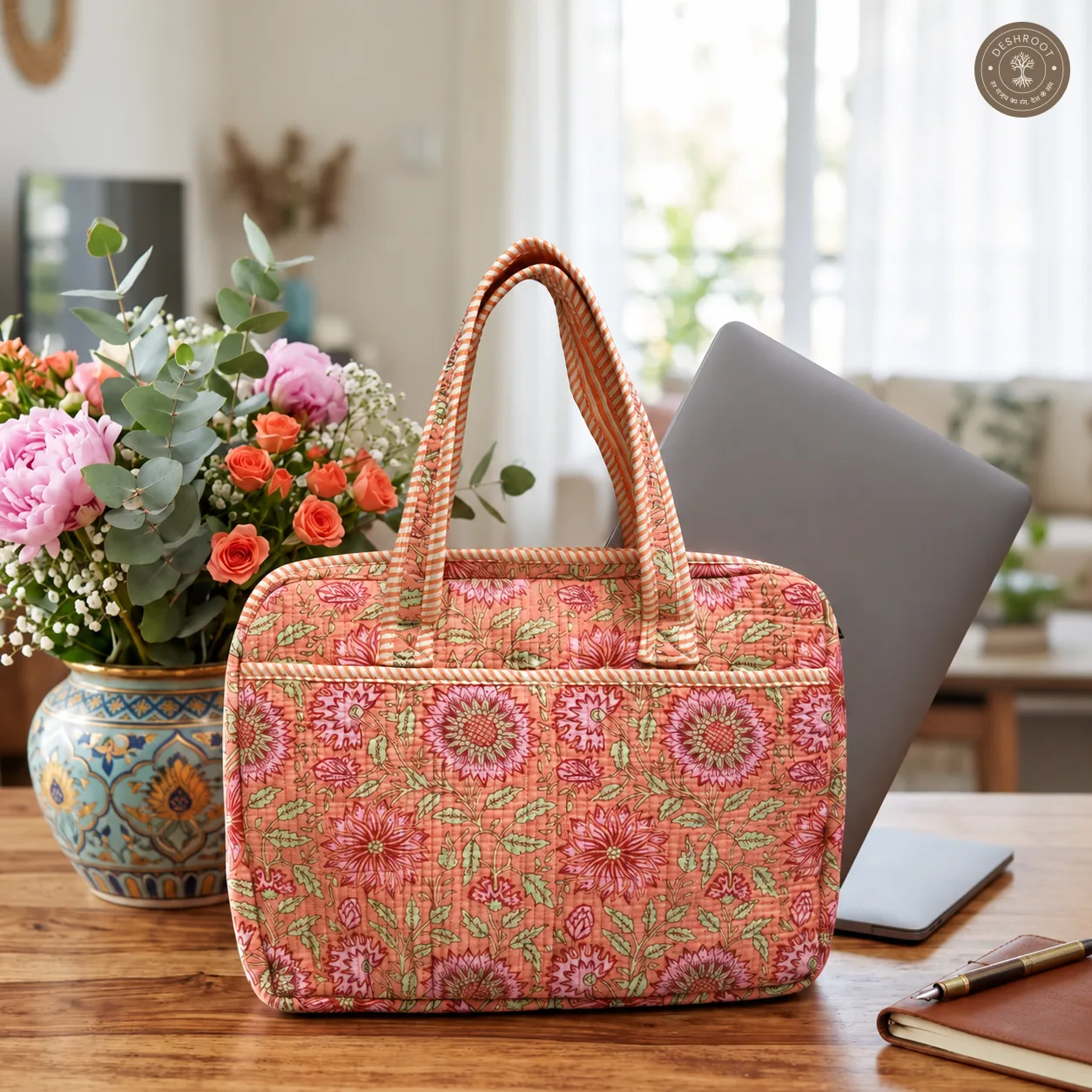 Peach Blossom Quilted Laptop Bag – Handcrafted Floral Cotton Laptop Bag