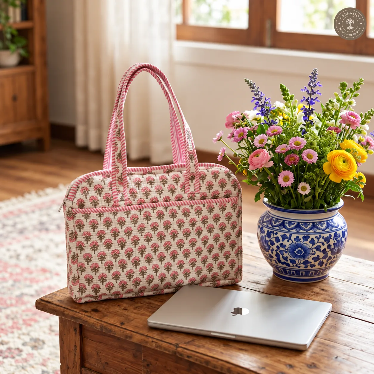 Mini Floral Quilted Laptop Bag – Handcrafted Cotton Laptop Bag