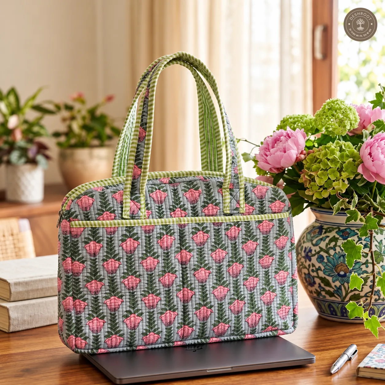 Tulip Garden Quilted Laptop Bag – Handcrafted Floral Cotton Laptop Bag