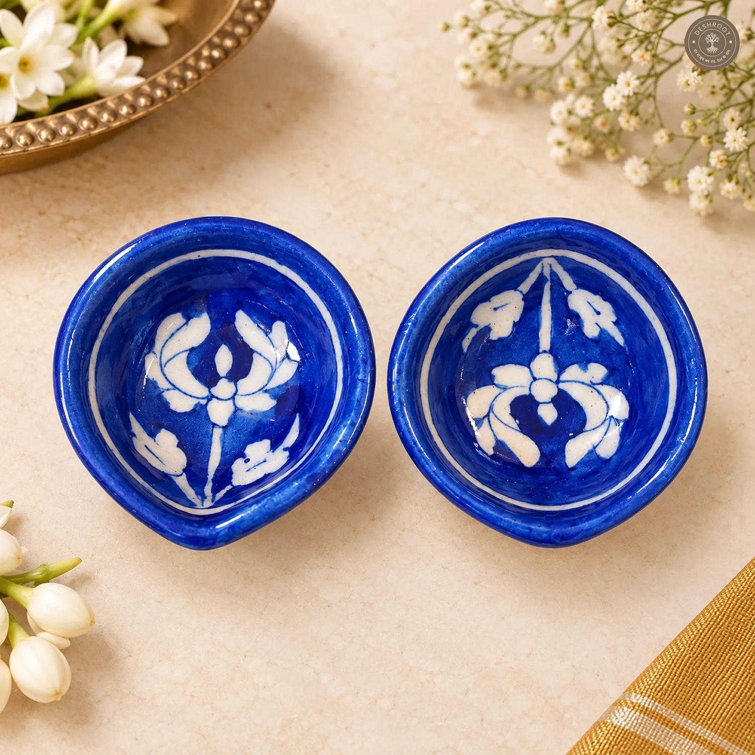 Floral Blue Pottery Diya