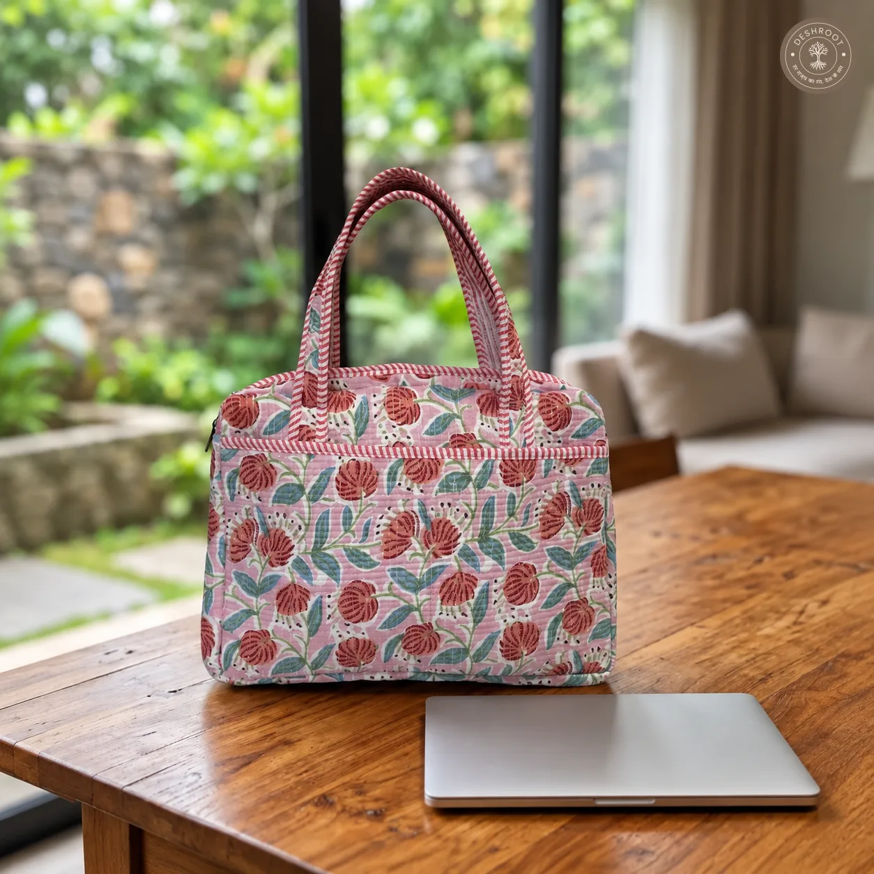Blush Blossom Quilted Laptop Bag – Handcrafted Floral Cotton Laptop Bag with 12 × 16 Inch Storage, Front Utility Pockets & Lightweight Design
