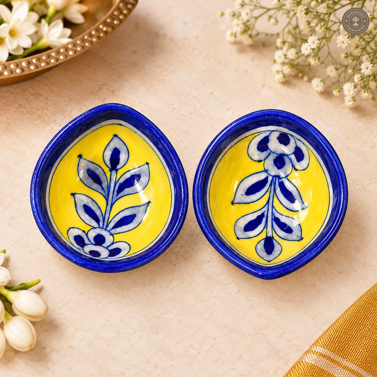 Yellow Floral Blue Pottery Diya