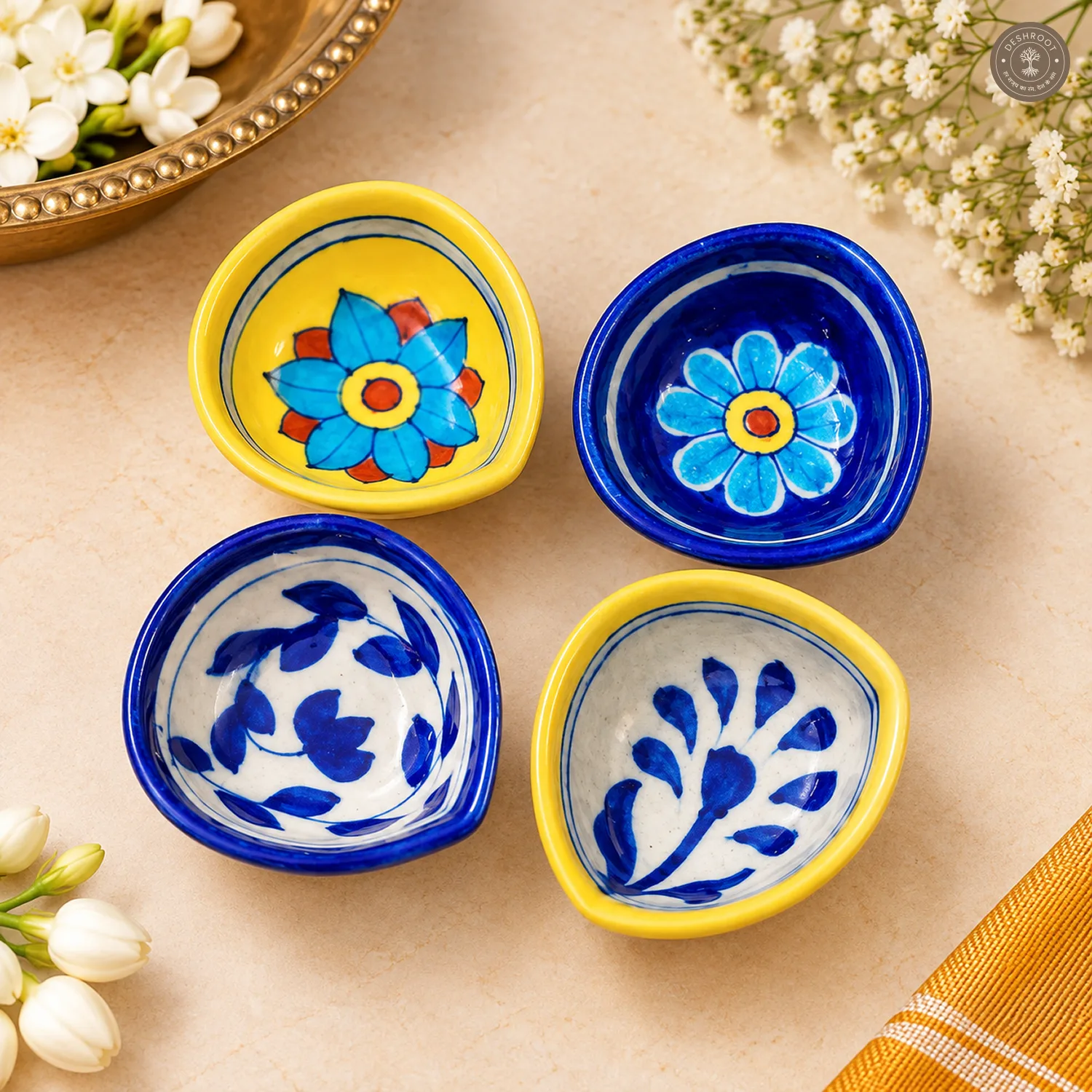 Multicolor Floral Blue Pottery Diya