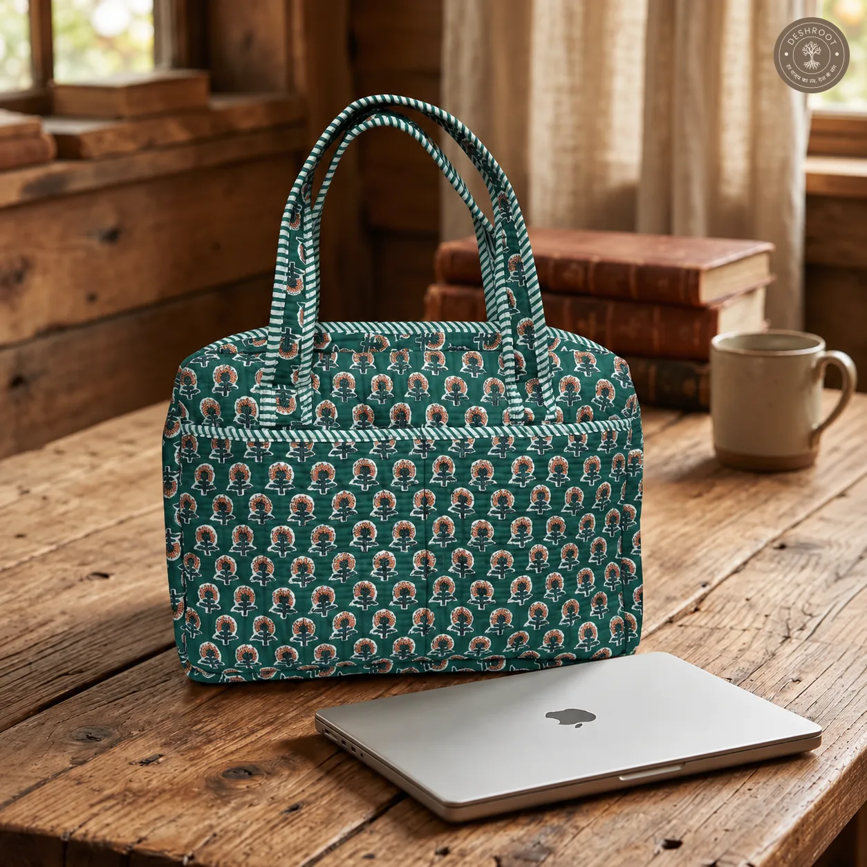 Emerald Block Print Quilted Laptop Bag – Handcrafted Cotton Laptop Bag