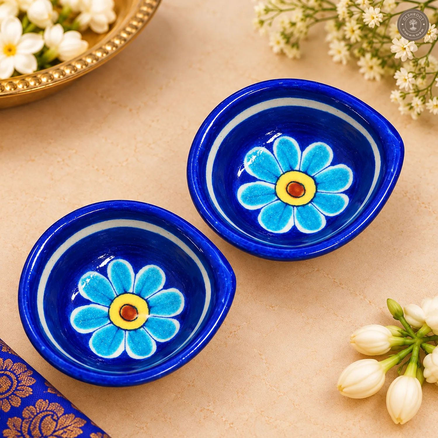 Light Blue Flower Blue Pottery Diya