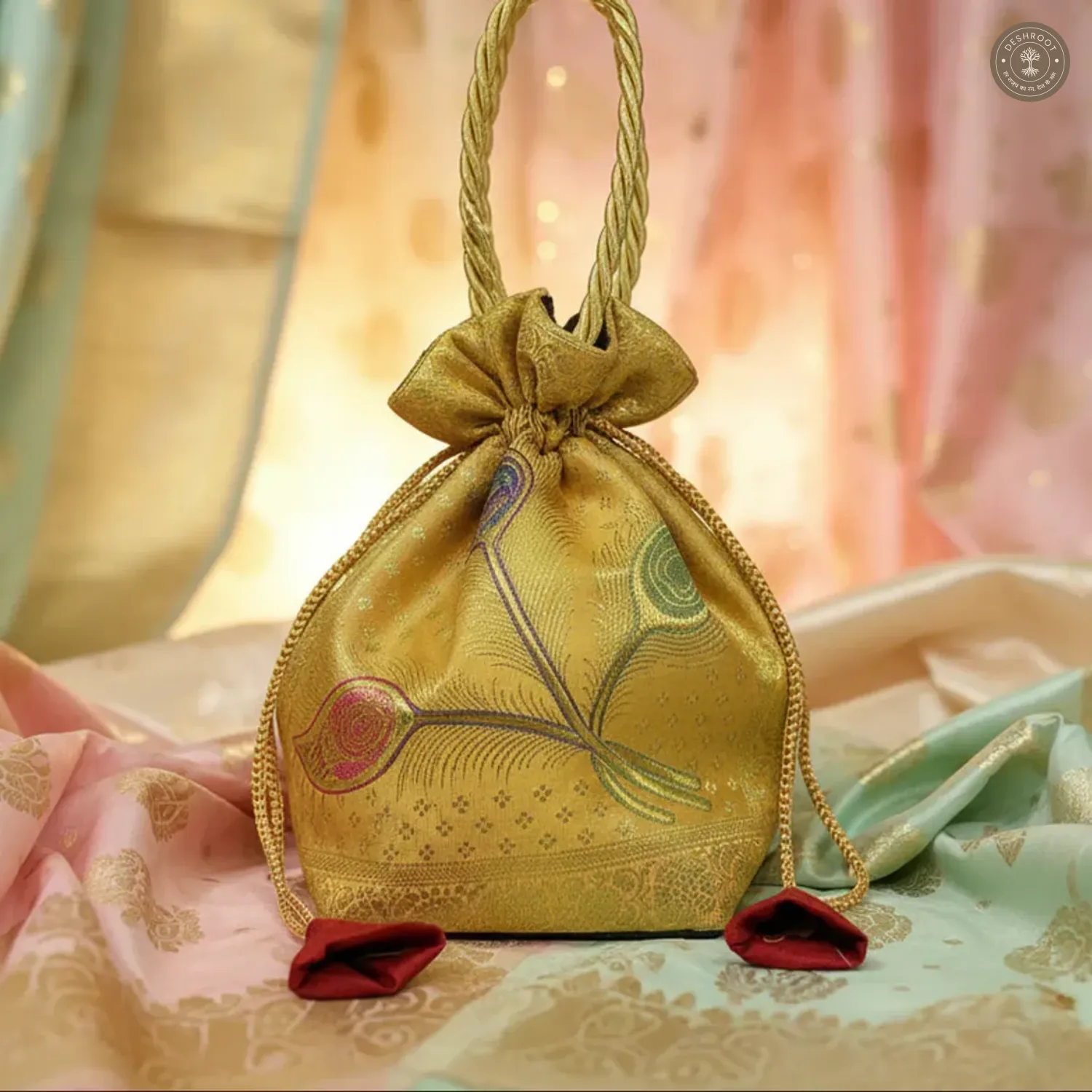 Ethnic Gold Banarasi Potli Bag