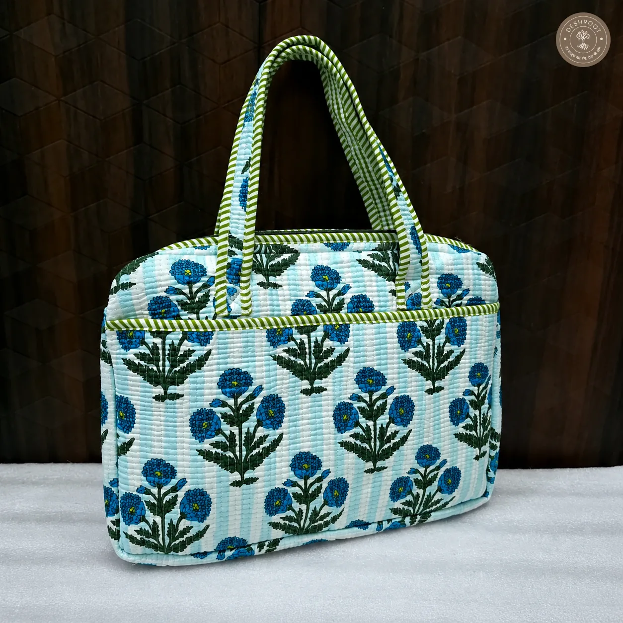 Blue Meadow Quilted Laptop Bag – Handcrafted Floral Cotton Laptop Bag
