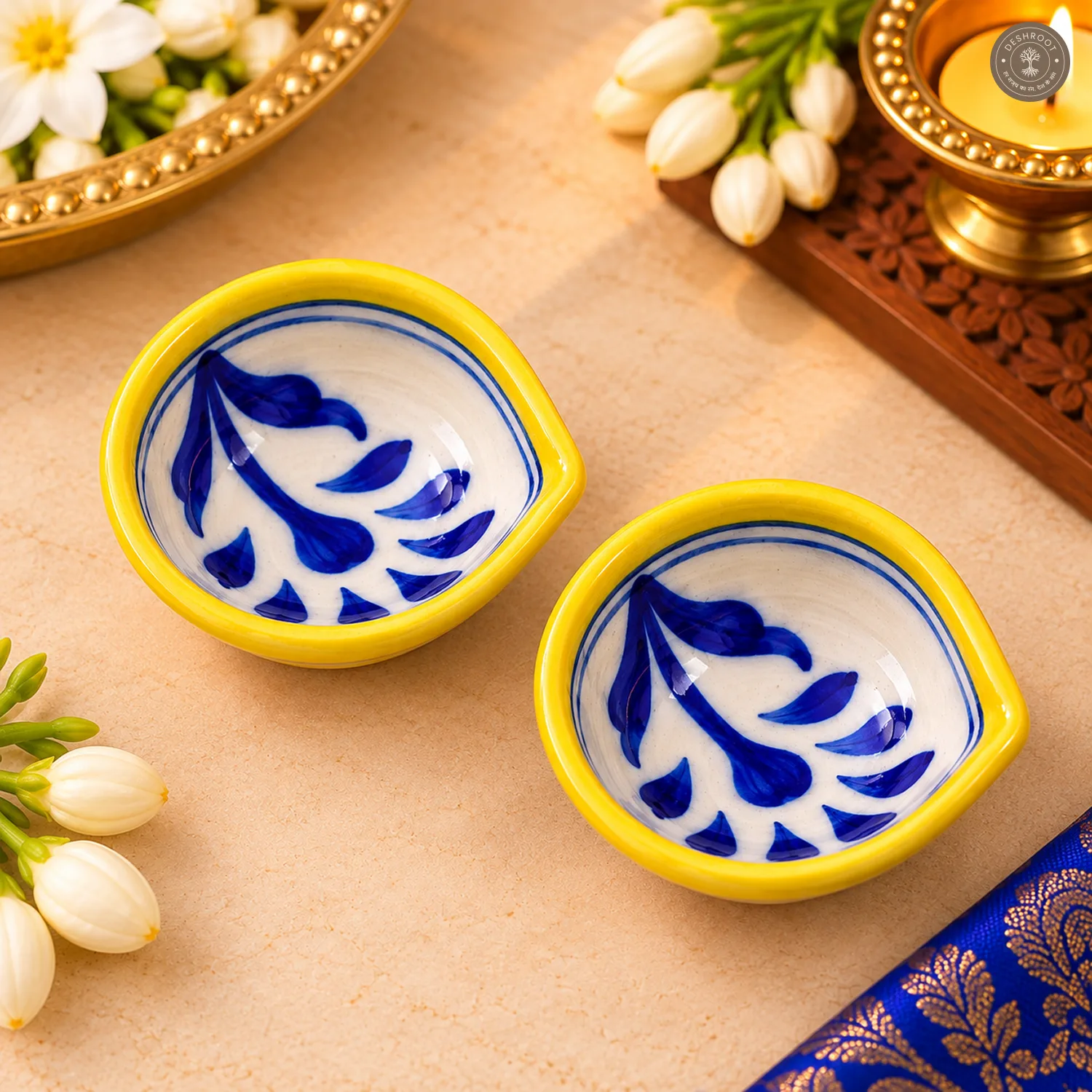 Yellow Rim Leaf Blue Pottery Diya
