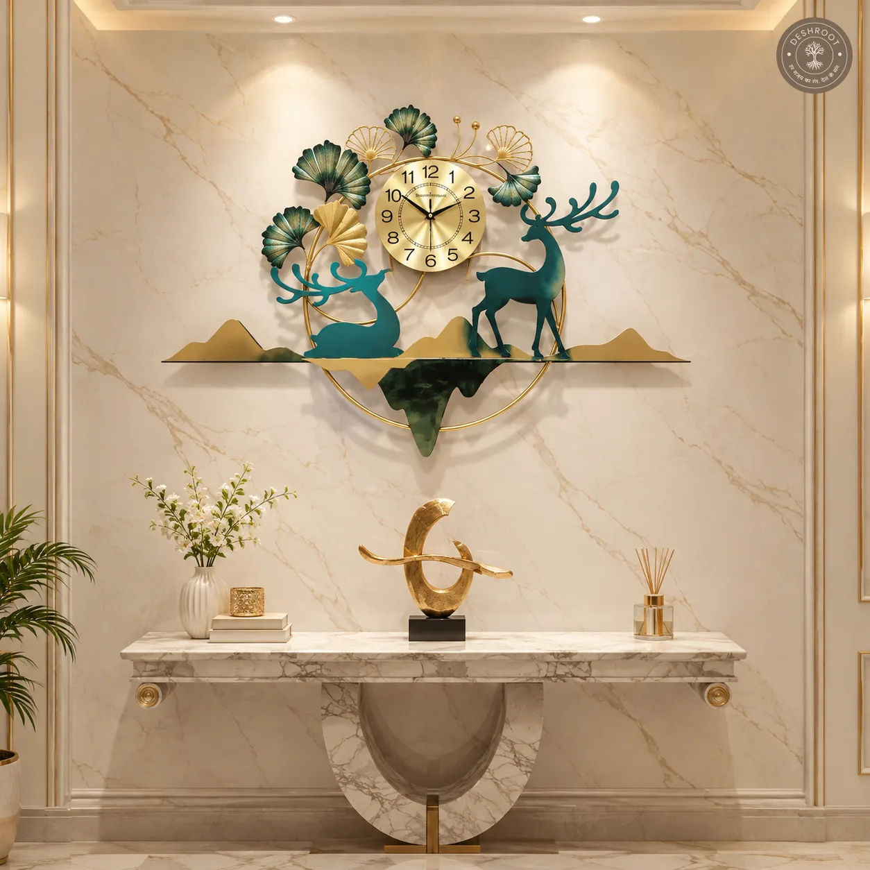 Golden Deer Scenic Metal Wall Clock