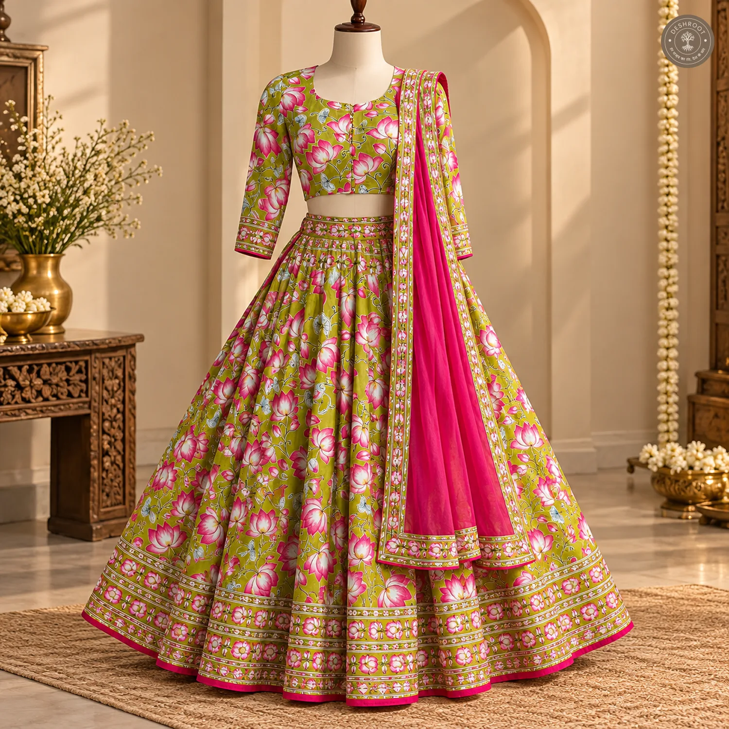 Full Stitched Cotton Lehenga with Ajrakh Lotus Print