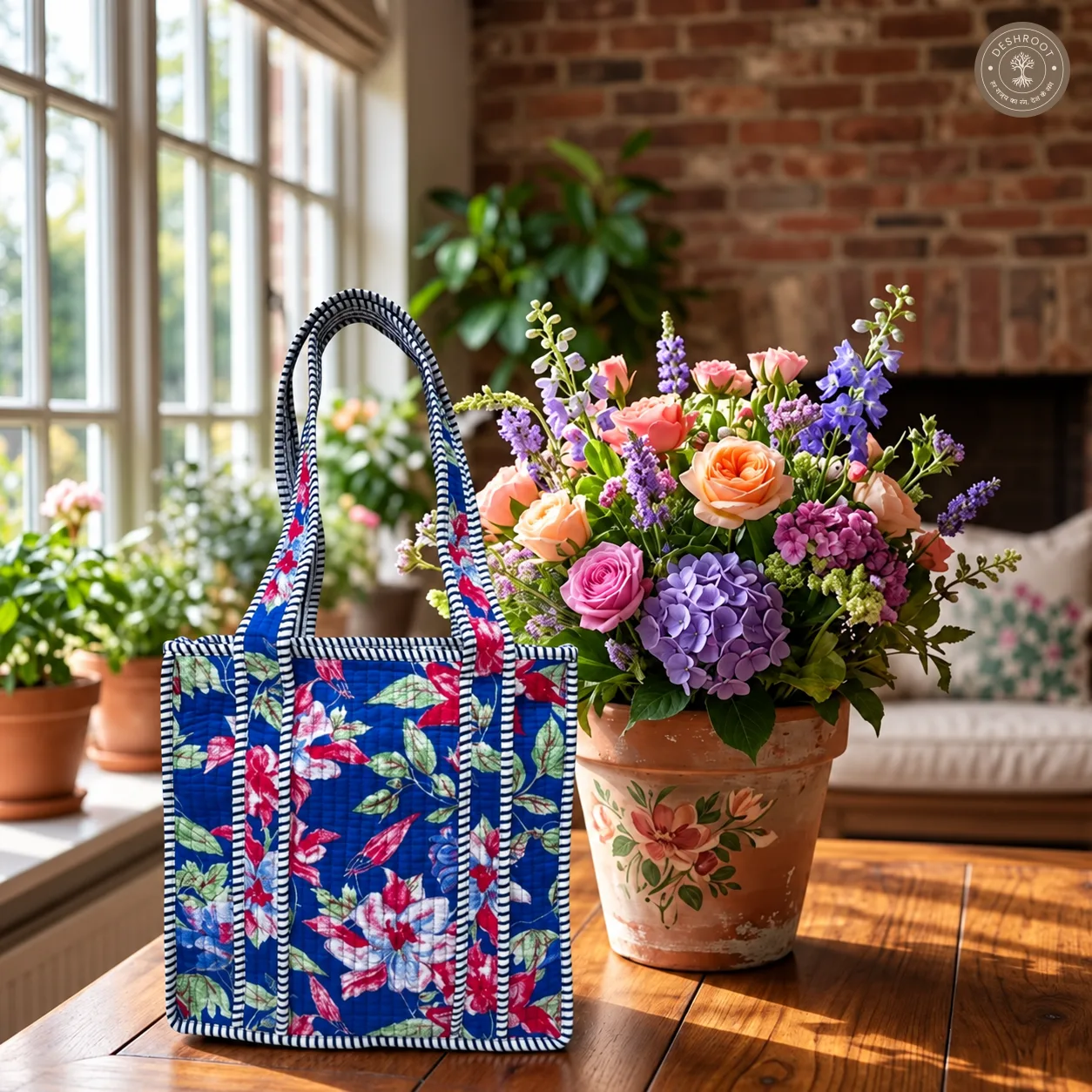 Royal Blue Floral Quilted Lunch Bag for Women – Handcrafted Cotton Lunch Box Handbag