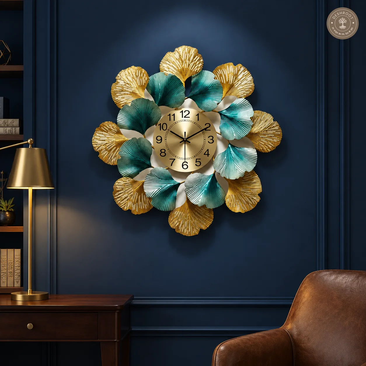 Golden Blue Floral Metal Wall Clock