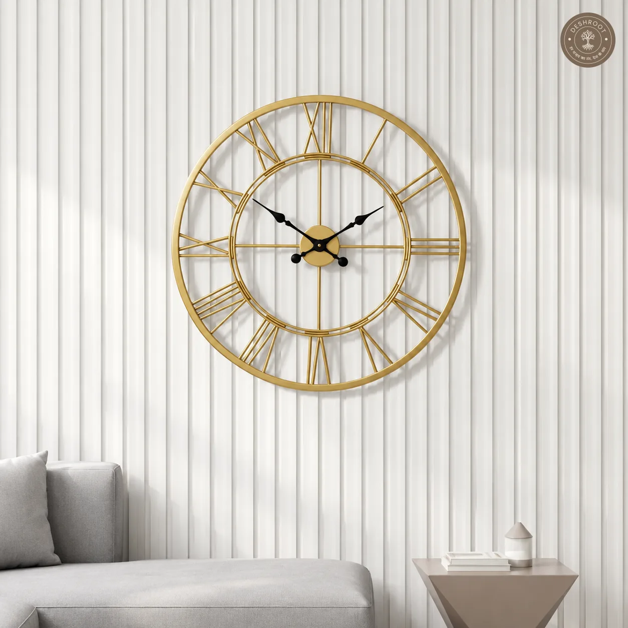 Golden Roman Numeral Open Frame Metal Wall Clock