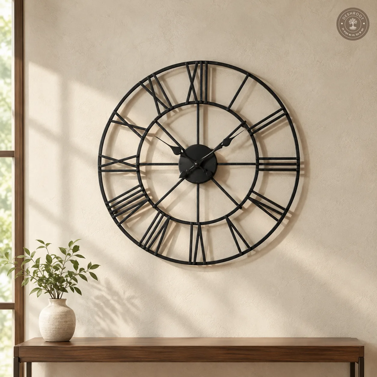 Black Roman Numeral Open Frame Metal Wall Clock