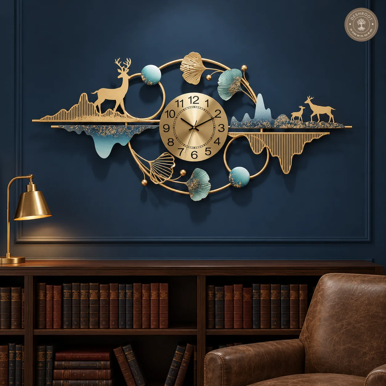 Golden Deer Mountain Scenic Metal Wall Clock