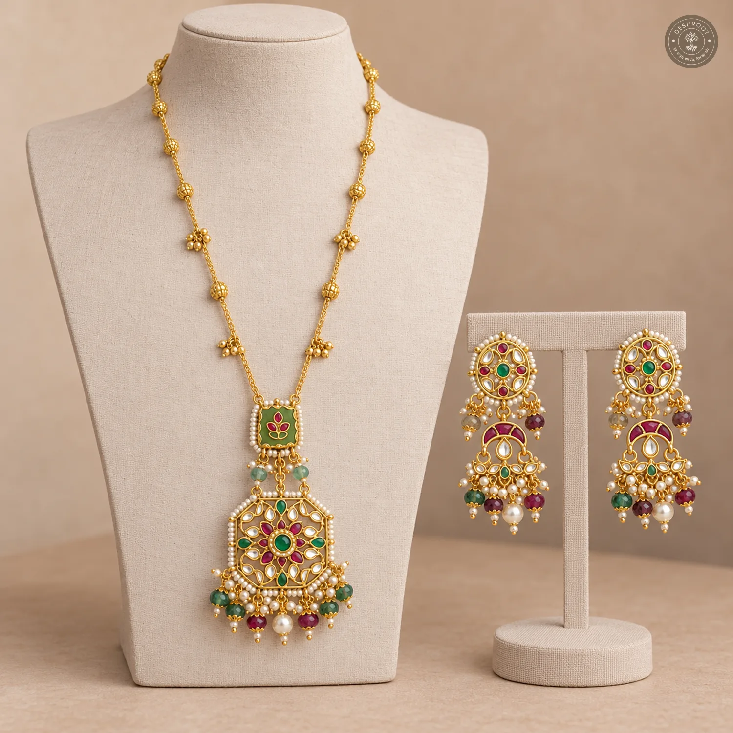 Pachi Kundan Octagon Pendant Necklace Set