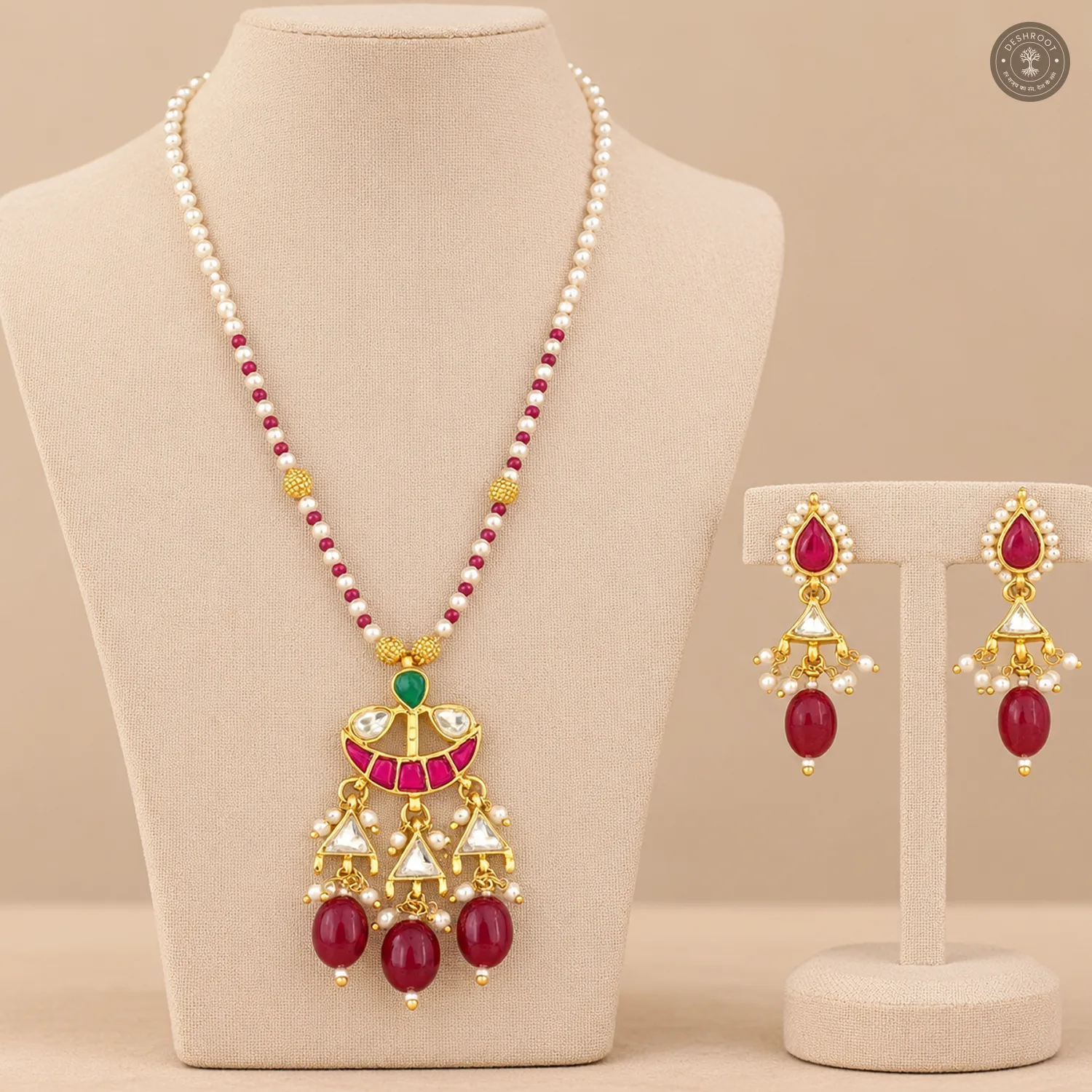 Pachi Kundan Pearl Chain Red Drop Necklace Set