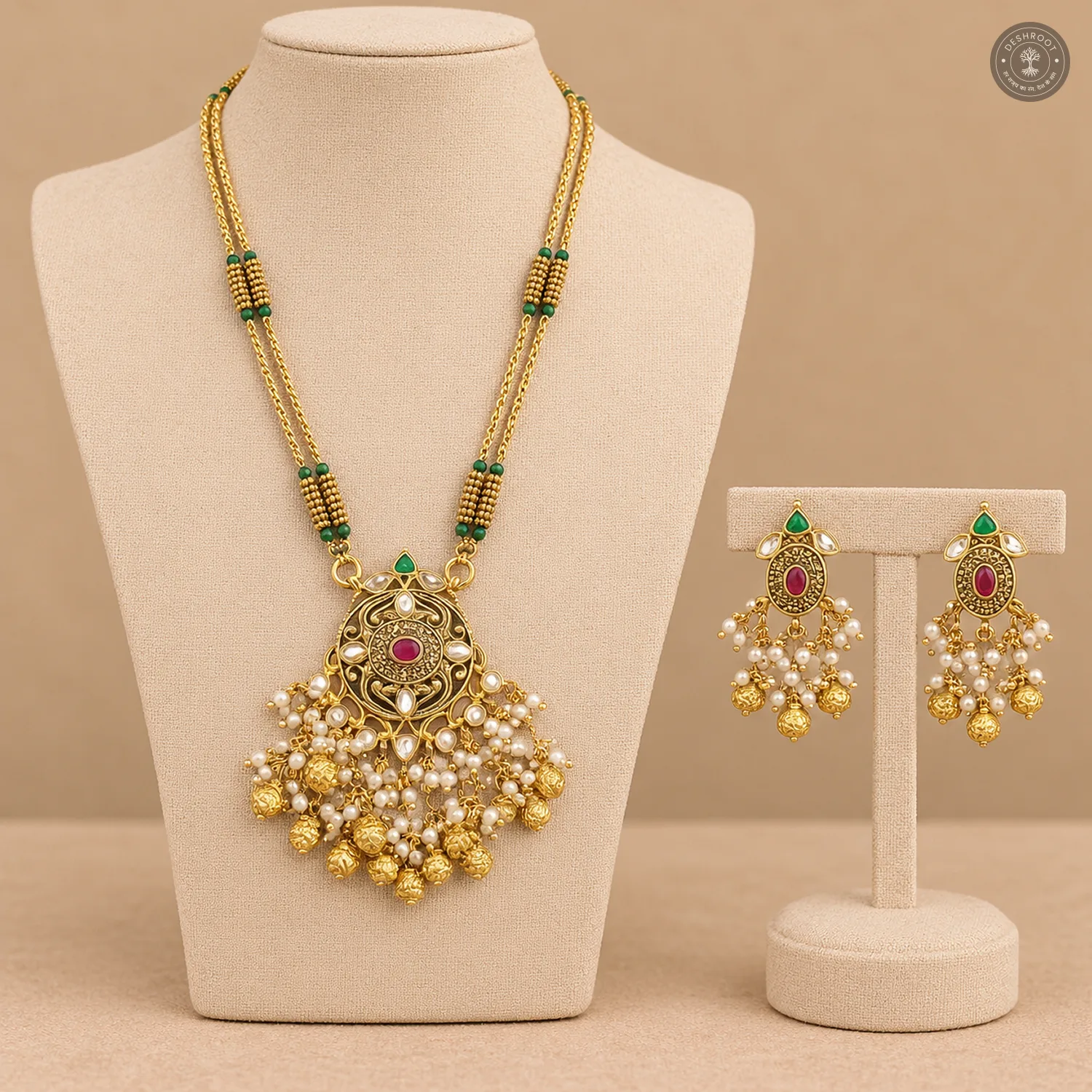 Pachi Kundan Gold Ball Drop Necklace Set