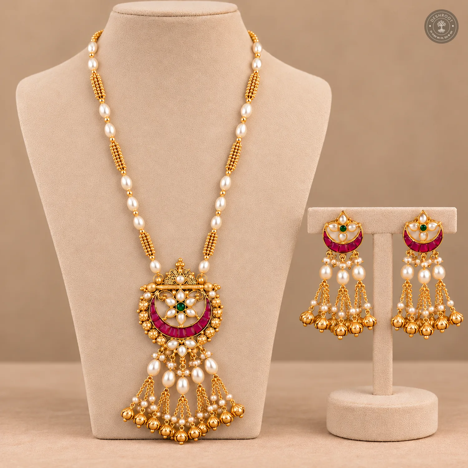 Pachi Kundan Crescent Pearl Tassel Necklace Set