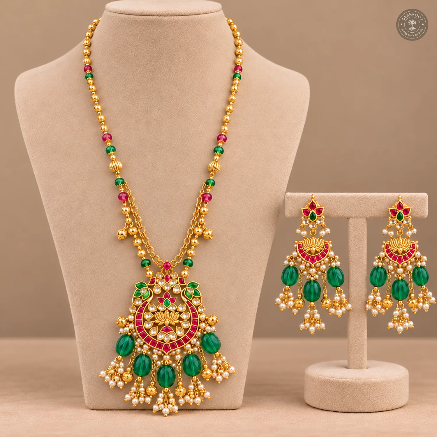 Lotus Pendant Green Drop Kundan Necklace Set