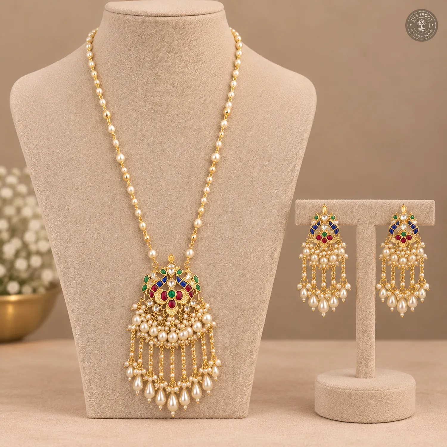 Multicolour Stone Pearl Drop Kundan Necklace Set
