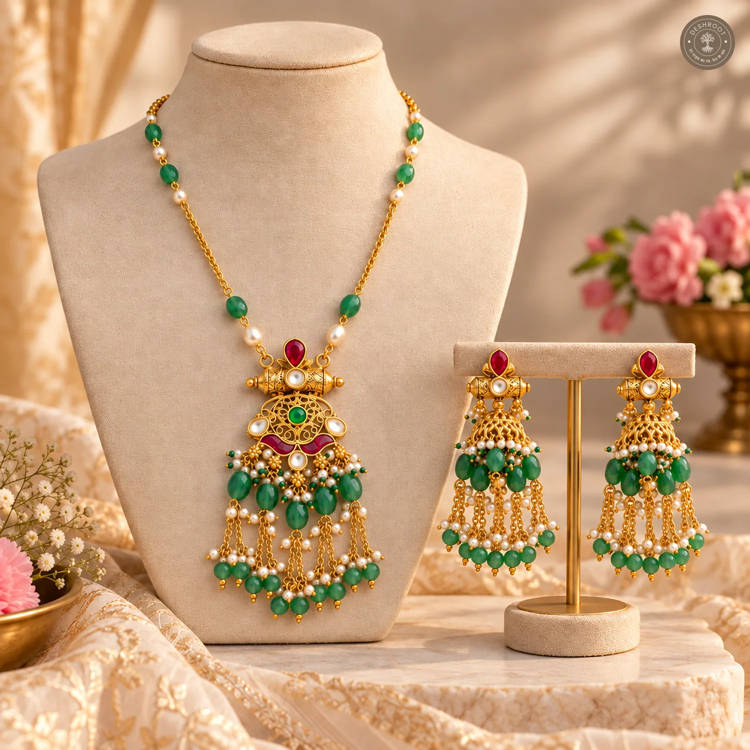 Pachi Kundan Green Bead Tassel Necklace Set