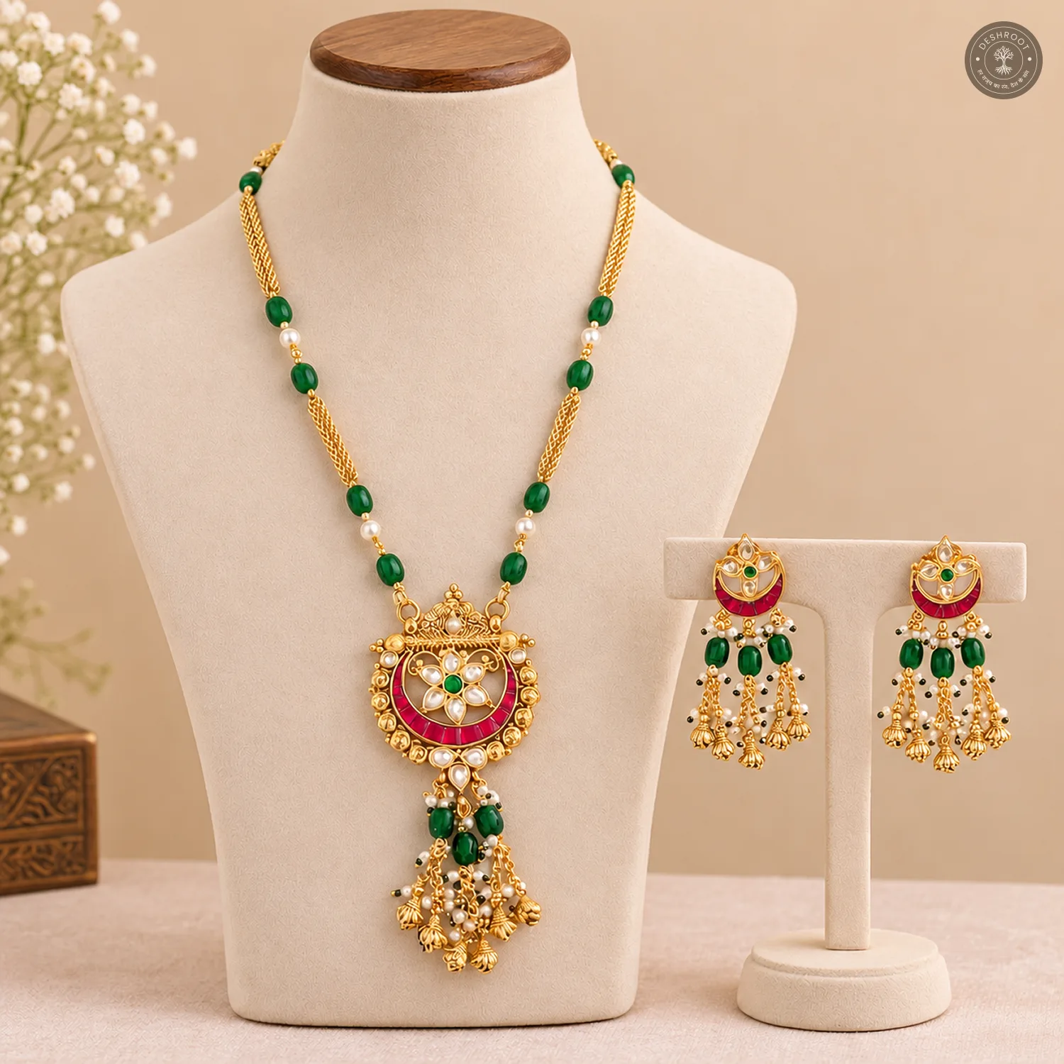 Pachi Kundan Crescent Pendant Green Bead Chain Necklace Set