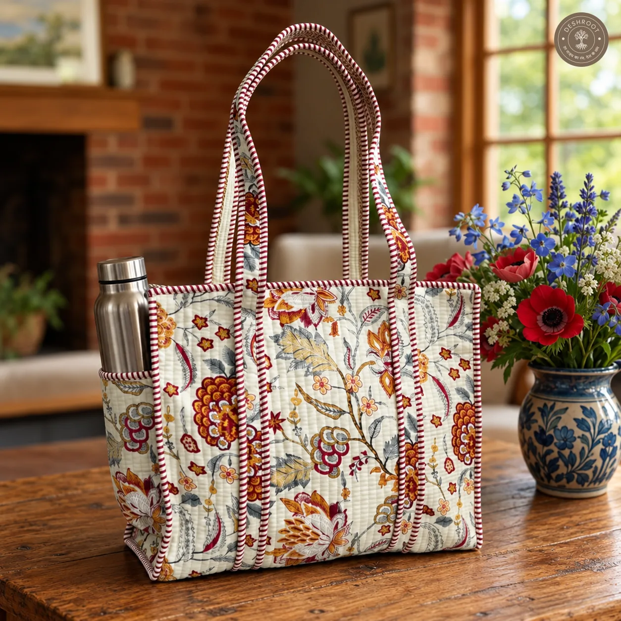 Handcrafted Quilted Floral Cotton Tote Bag with Bottle Pocket