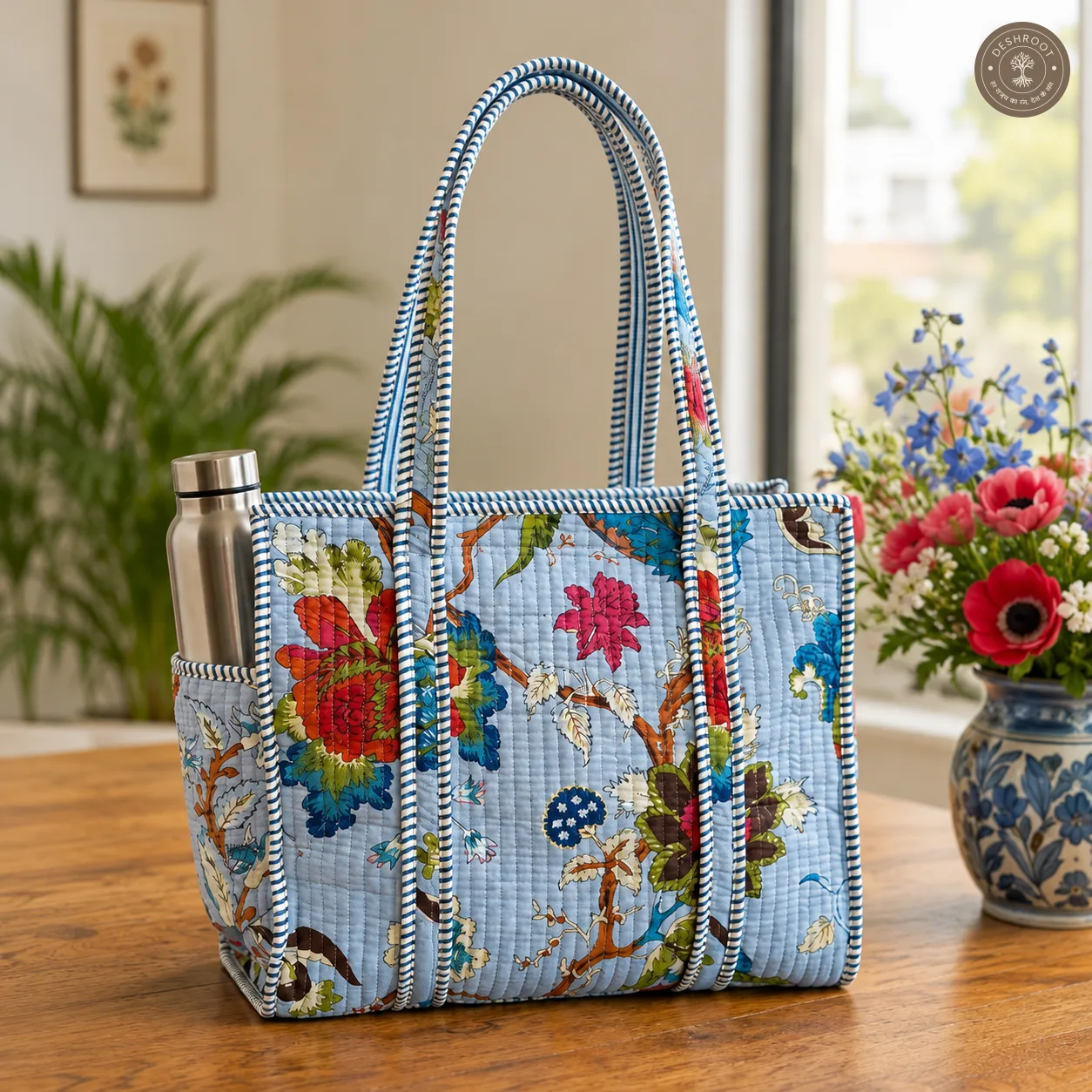 Handcrafted Quilted Floral Cotton Tote Bag with Bottle Pocket