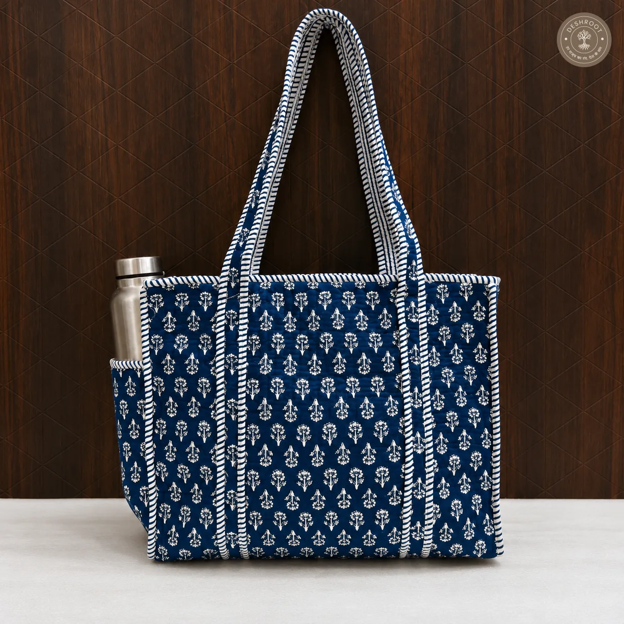 Blue Hand Block Printed Quilted Tote Bag with Bottle Pocket
