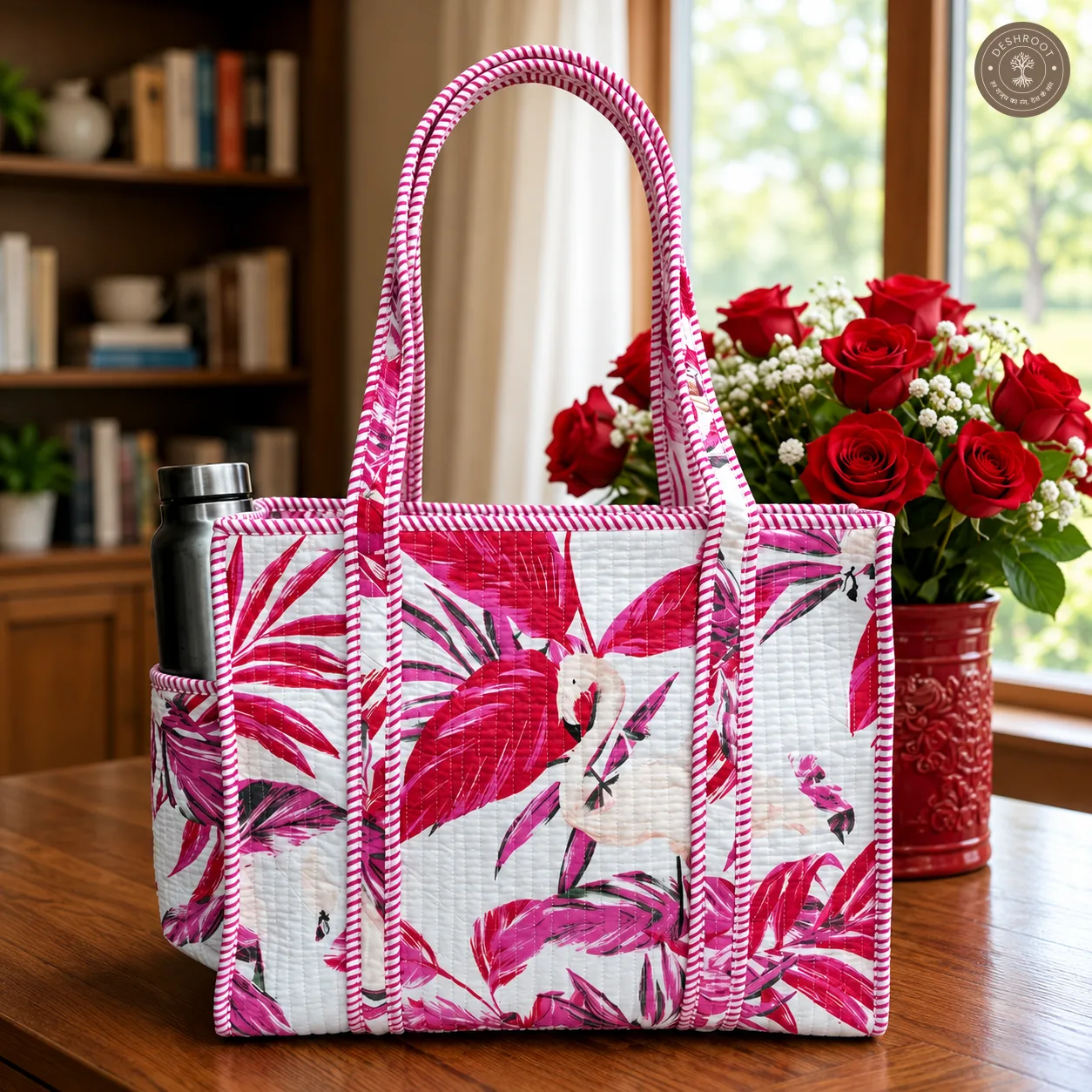 Pink Flamingo Quilted Cotton Tote Bag with Bottle Pocket