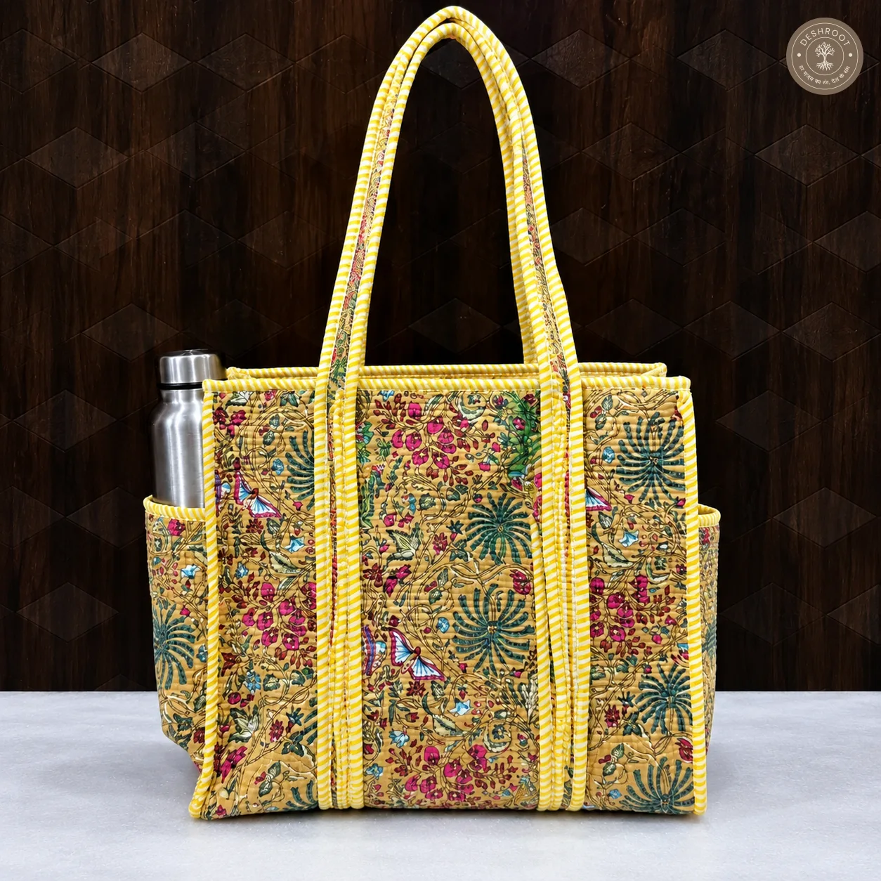 Handcrafted Beige Floral Quilted Cotton Tote Bag with Bottle Pocket