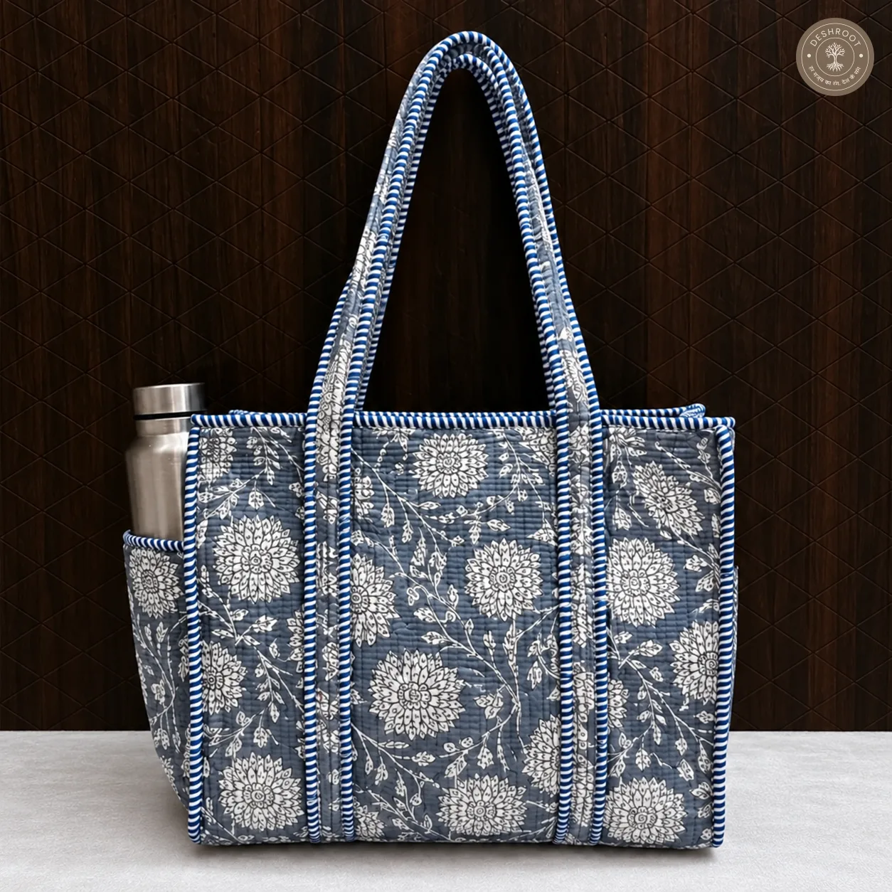 Handcrafted Grey Floral Quilted Cotton Tote Bag with Bottle Pocket