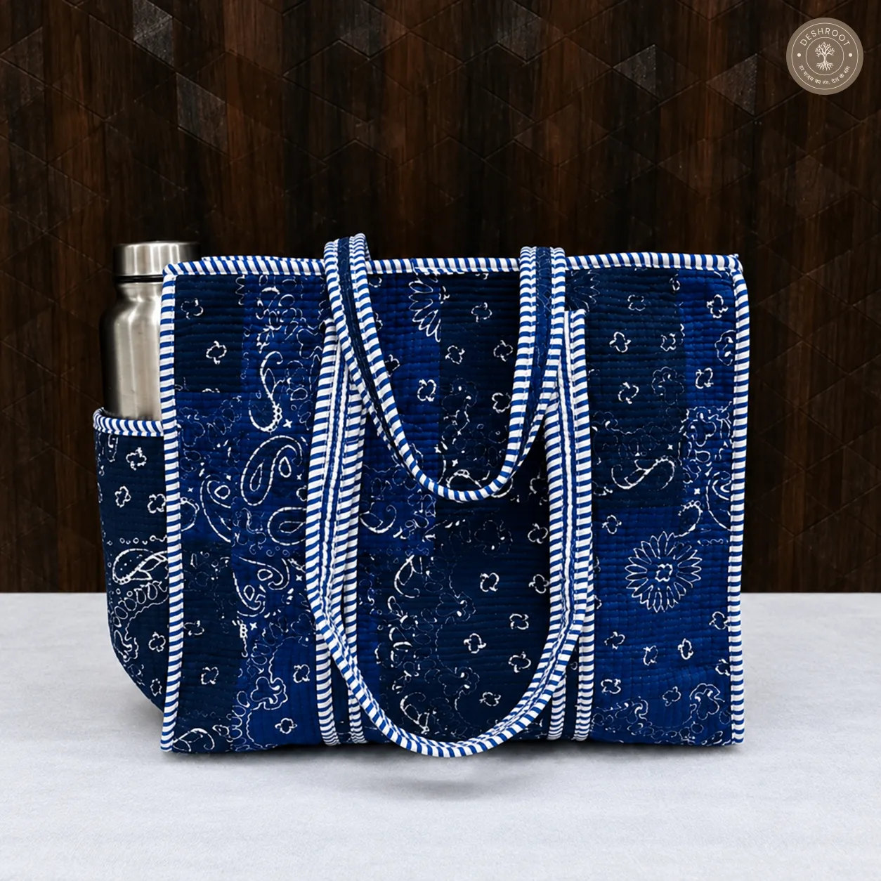 Handcrafted Navy Blue Quilted Cotton Tote Bag with Paisley Print & Bottle Pocket