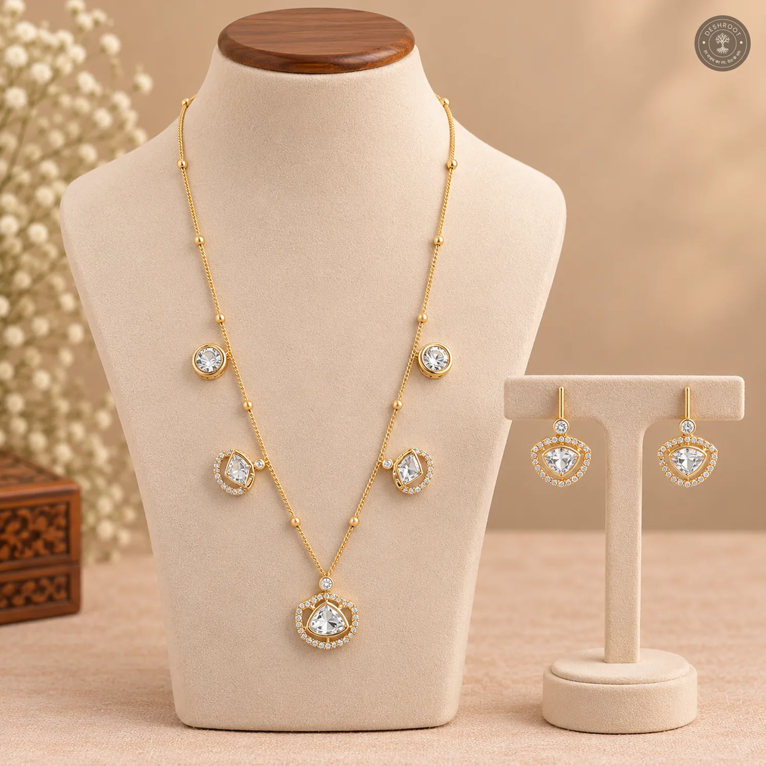 Round and Triangular Cut Charm Chain Necklace Set