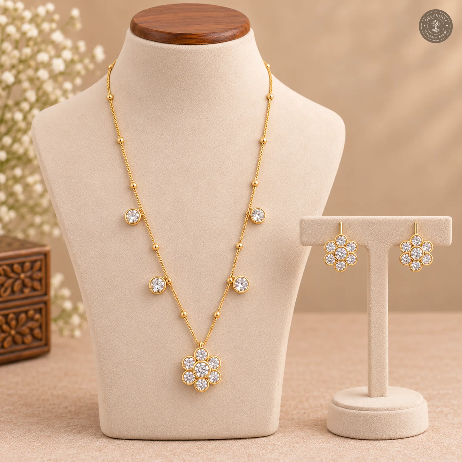 Flower Pendant Round Charm Chain Necklace Set