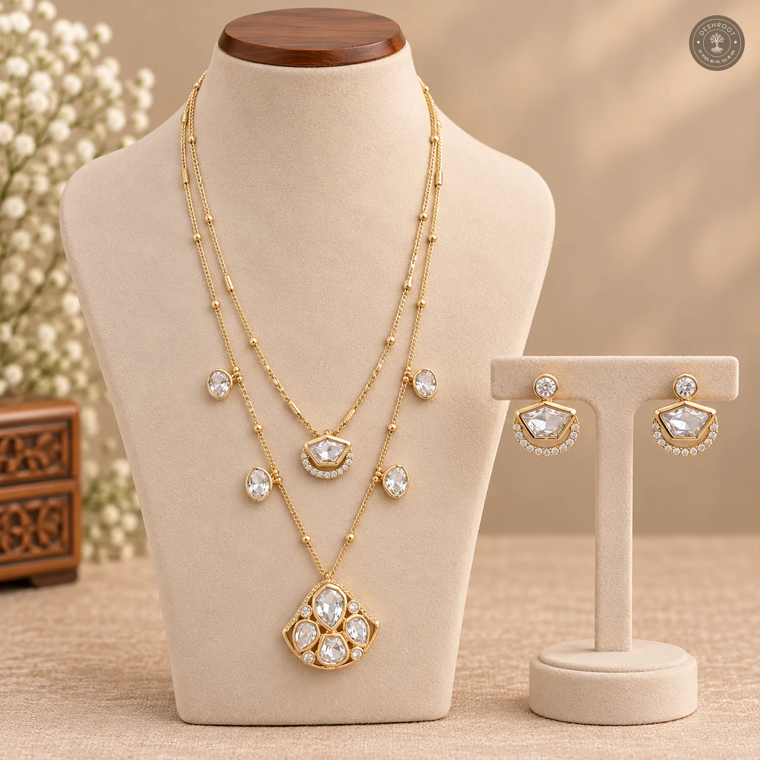 Two-Layer Fan Pendant Oval Charm Chain Necklace Set