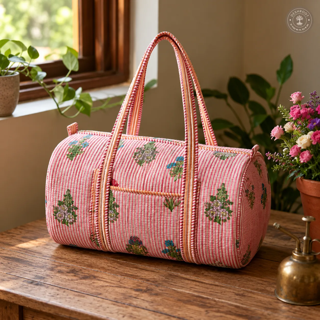 Blush Stripe Floral Handmade Quilted Cotton Duffle Bag