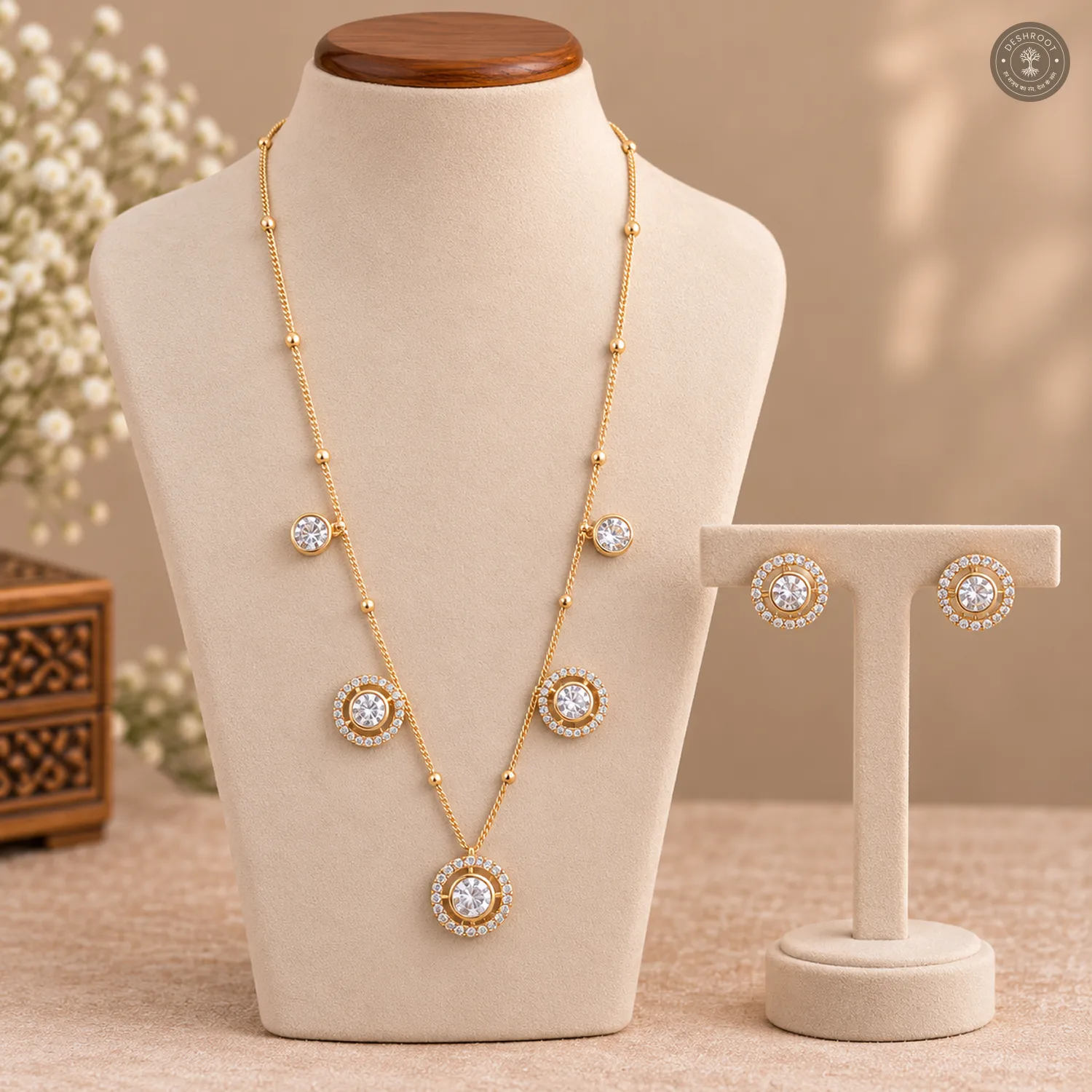 Round Halo Charm Chain Necklace Set