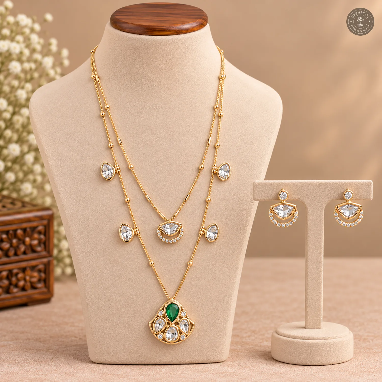 Green Teardrop Stone Two-Layer Fan Pendant Necklace Set