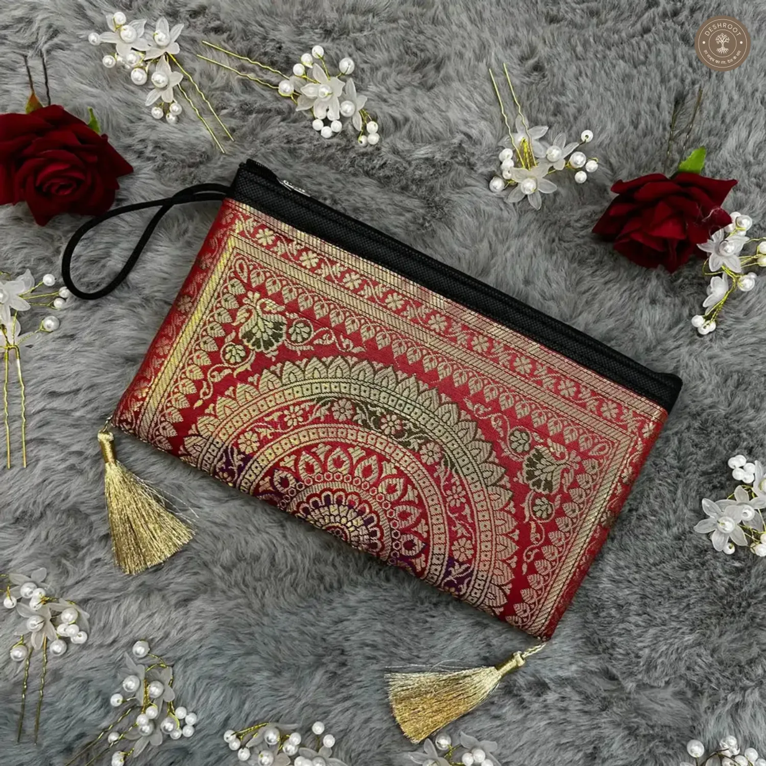 Dark Red Banarasi Silk Brocade Purse for Women